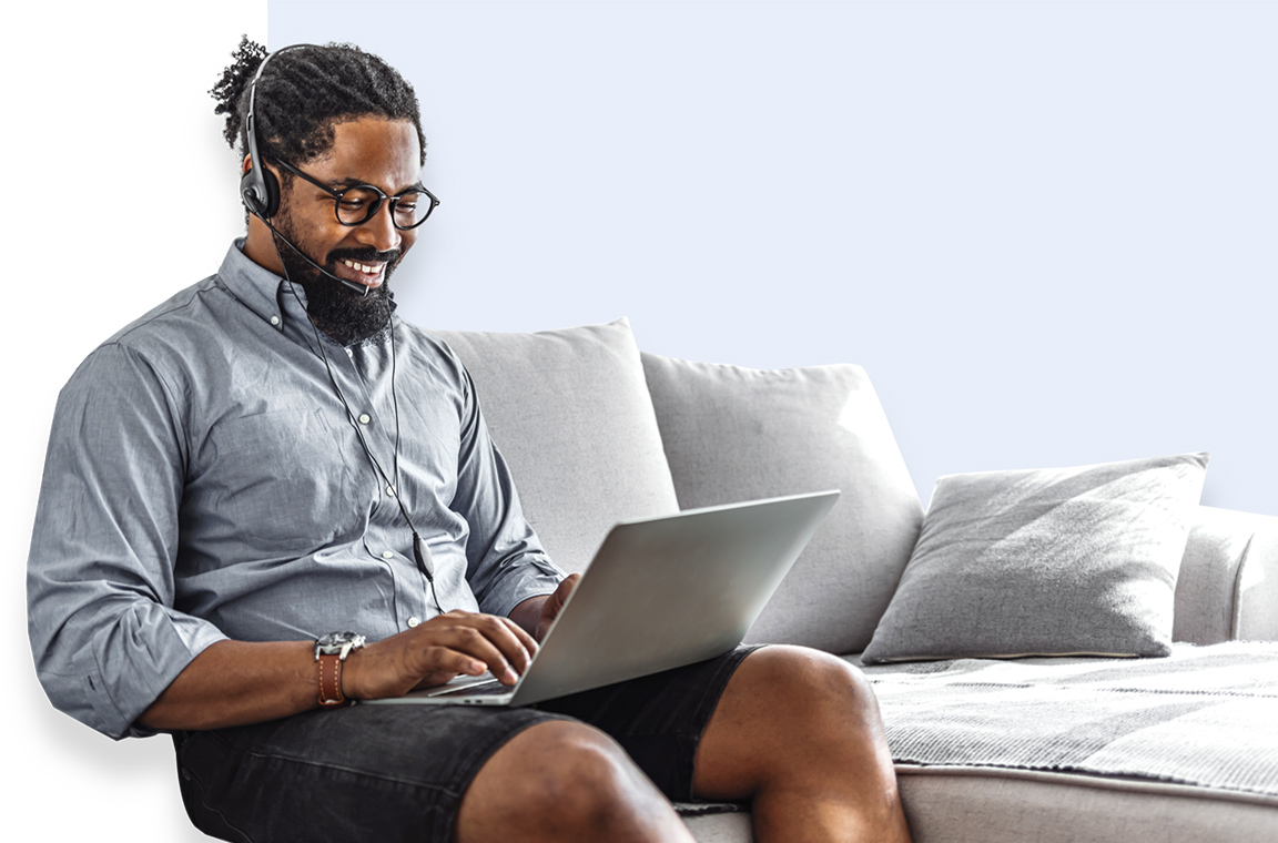 Remote call center agent on couch