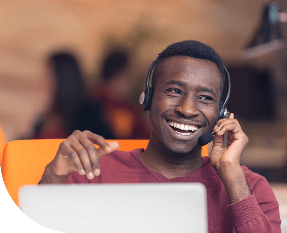 Male call center employee on call
