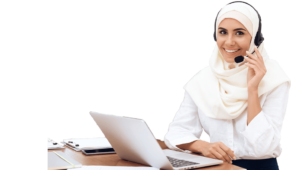 Contact center employee speaking into headset