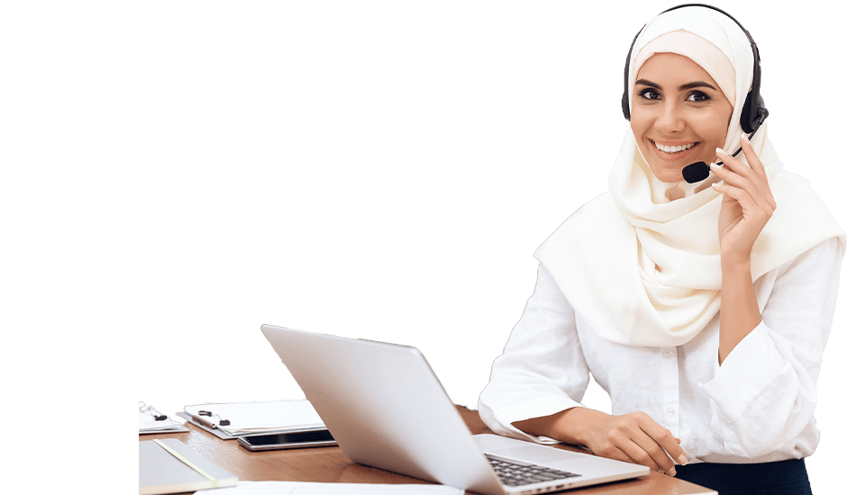 Contact center employee speaking into headset