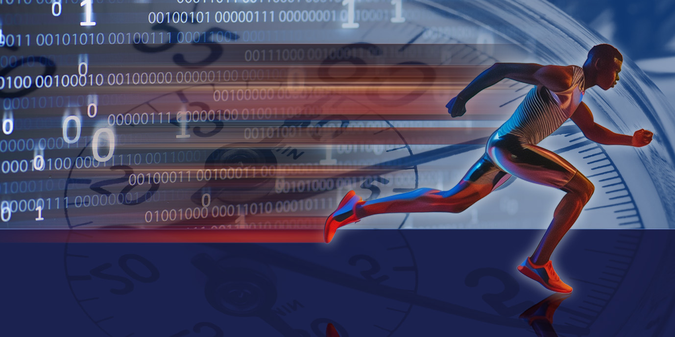 Man racing against a digital clock, agile development.