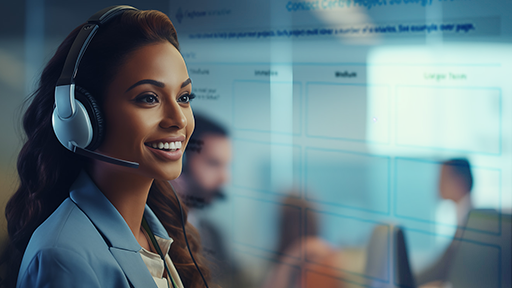Woman in Customer Experience Contact Center med headset och mikrofon