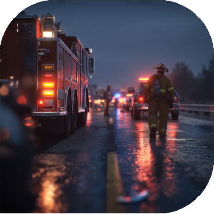 Hero Enghouse CICS. Photo of fire truck and fireman at the scene of an emergency.