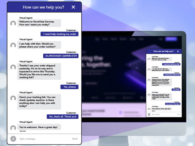 Widget de chat de l'agent virtuel affichant les messages avec le client.