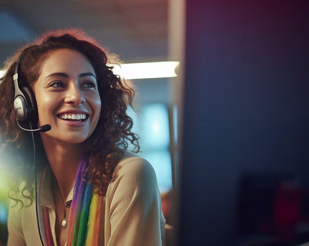 A contact center agent wearing a headset, smiling at her desk