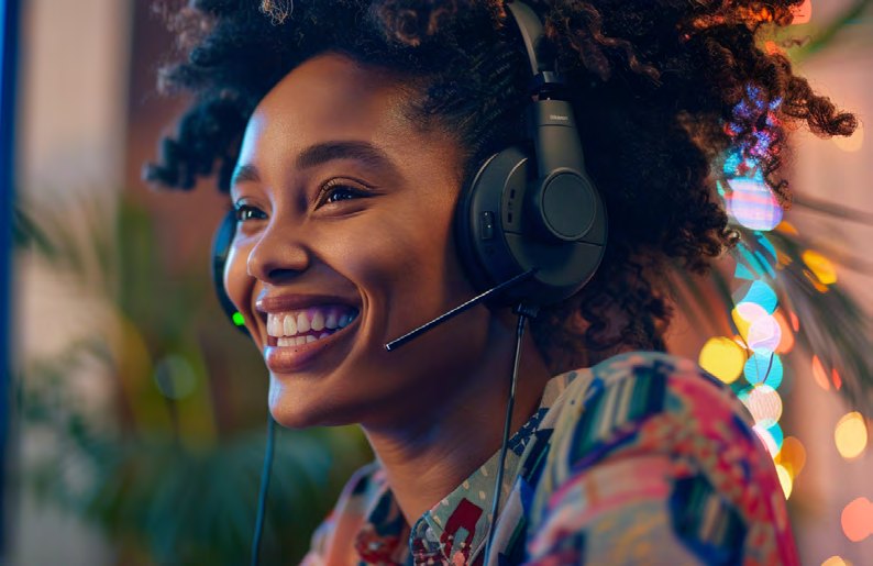 Contact center agent wearing a headset, rendered as a duotone graphic
