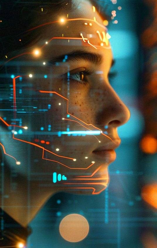Profile of a person overlaid with a network of data connections