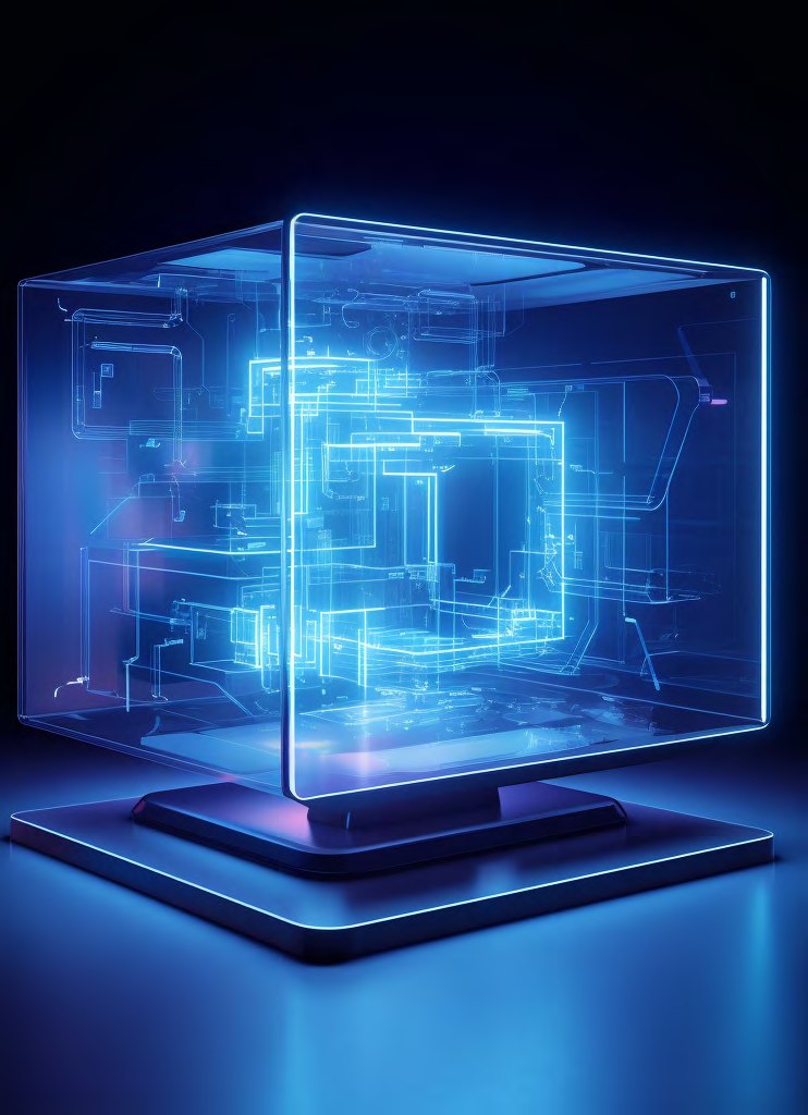 A holographic data cube rendered in blue light